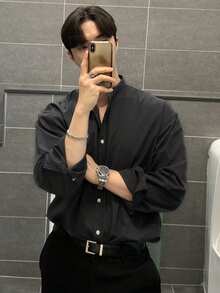 DAZY 男士纯灰色长袖休闲衬衫，春季款 - 灰色 - 查看 6