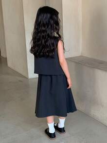 DAZY 2pcs/Set Girls (Small) V-Neck Woven Korean Style Shirt & Pleated Skirt Set - Grey - View 2