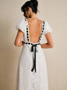 Poéselle 法式蕾丝露背系带泡泡袖连衣裙 - 白色 - 查看 2