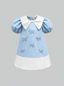 SHEIN Young Girl Casual Cute Daily Commute Contrast Color Peter Pan Collar Puff Sleeve Loose Dress, Summer - Baby Blue - View 9