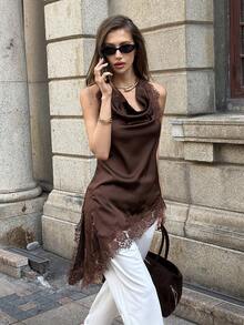 Siren Gaze 女士蕾丝缎面不对称派对吊带背心，女士无袖性感修身露背短款上衣（棕色和黑色），优雅女士衬衫 - 棕色 - 查看 4