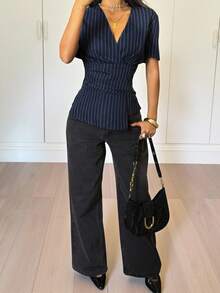 Siren Gaze 新款褶裥腰身条纹修身衬衫，藏蓝色复古时尚办公衬衫，女士必备工作服，教师制服，办公服装 - 藏蓝色 - 查看 7