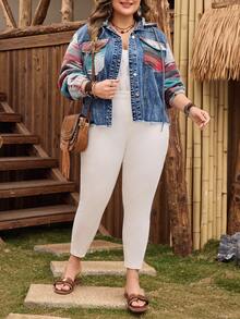 EMERY ROSE Plus Size Women Casual Comfortable Mid-Blue Inelastic Denim Patchwork Jacket - Medium Wash - View 4