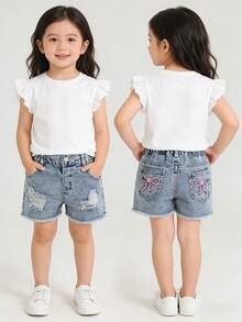Short en jean délavé pour filles, bleu clair avec détails déchirés, broderie de nœud rose, style ajusté confortable, en coton denim, convient pour l'école, les déplacements, le port quotidien, nouvelle arrivée - Jean clair - Voir 7