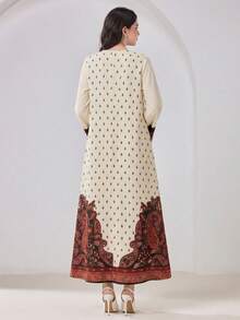 Ivory & Burgundy Paisley Print Modest Maxi Dress - V‑Neck Kaftan Style, Long Sleeves, Boho Border Hem,  Resort & Dinner Dress Casual Modest Arabic Style Dress - Multicolor - View 5