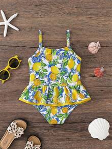 SHEIN 1pc Young Girl Cute Lemon Print One-Piece Swimwear, Fashionable Casual Elegant Lady Suitable For Swimming, Vacation, Summer - Yellow - View 4