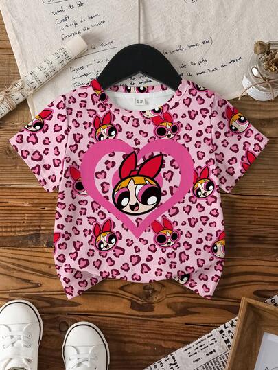 THE POWERPUFF GIRLS X SHEIN Young Girl Casual Fashionable Street Chic Cartoon Heart & Leopard Print Short Sleeve T-Shirt, Summer