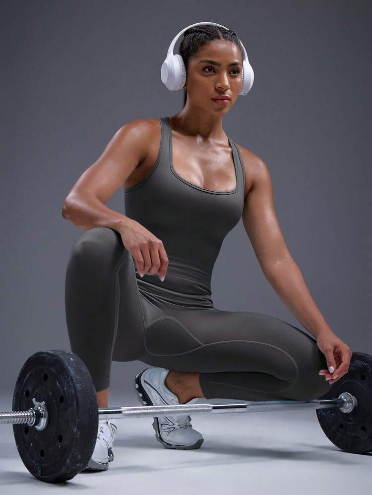 Powerista Seamless Backless Letter Print Tight Sleeveless Jumpsuit - Grey - View 4