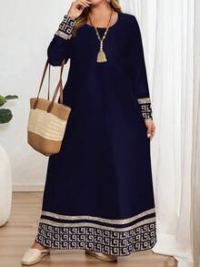 EMERY ROSE Classic Geometric Print Plus Size Long Sleeve Round Neck Dress, Suitable For Autumn/Winter - Multicolor - View 3