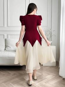 SHEIN Đầm dạ hội thanh lịch dáng chữ A tay phồng bằng vải organza trắng phối màu đỏ tía dành cho thiếu nữ. - Màu Đỏ Sâu - Xem 2