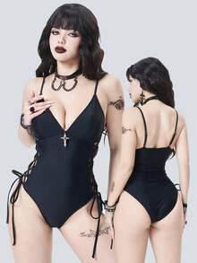 ROMWE Women's Sexy European And American Music Festival Party Bold And Avant-Garde Outdoor Gothic Punk Apocalyptic Style Basic Versatile Solid Color Thin Strap Deep V-Neck Metal Cross Pendant Decorated Side Criss-Cross Tie-Up Waist Cutout Backless One-Piece Swimsuit, Slimming Design, Suitable For Beaches, Seaside, Autumn Swimwear, And Also Suitable For Spring Break Music Festivals. Swimming Goth One Piece Swimsuit Curve Swimsuits Gothic SwimwearFigure-Hugging Swimwear, Gothic-Style Swimwear. Goth Swimsuit Emo Bathing Suit Lace-Up Swimsuit Goth Bathing Suit - Black - View 3
