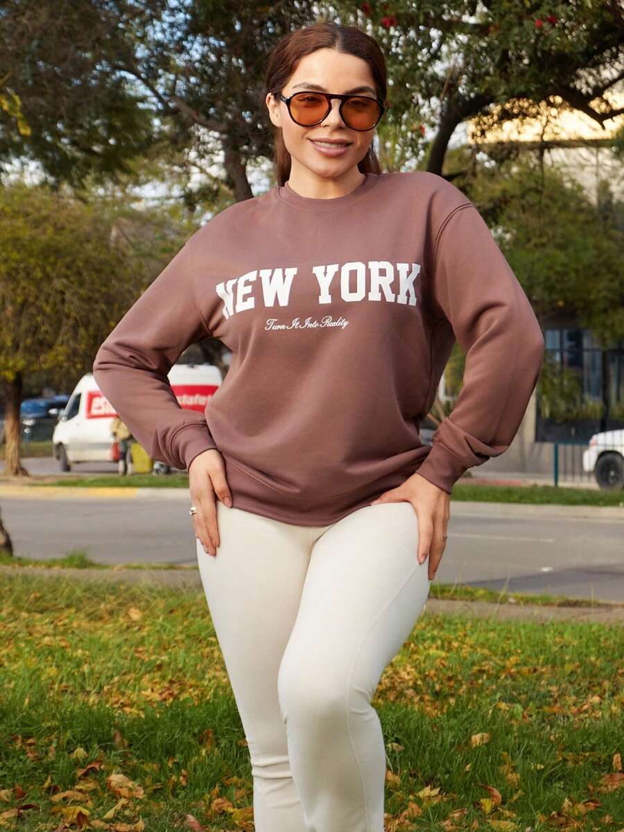 Lupita Cardoza Women's Autumn Winter Letter Print Dropped Shoulder Crew Neck Loose Casual Sweatshirt,Long Sleeve Tops - Redwood - View 1