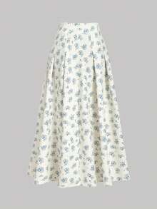 SHEIN MOD 黑色玫瑰蕾丝高腰白色中长裙，饰有可见缝线和喇叭形褶裥，蕾丝中长裙，百搭半身裙，褶裥半身裙，高腰半身裙，波西米亚风，春夏中长裙，婚礼中长裙，约会中长裙 - 藍白色 - 查看 2