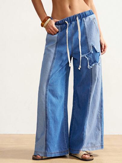 Bohemela 女士五角星图案拼接简约日常牛仔裤