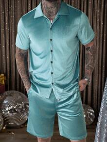 Manfinity AFTRDRK Men Velvet Shirt & Drawstring Waist Shorts Gold Shirt Menmen's Two Pieces Set - Mint Green - View 6