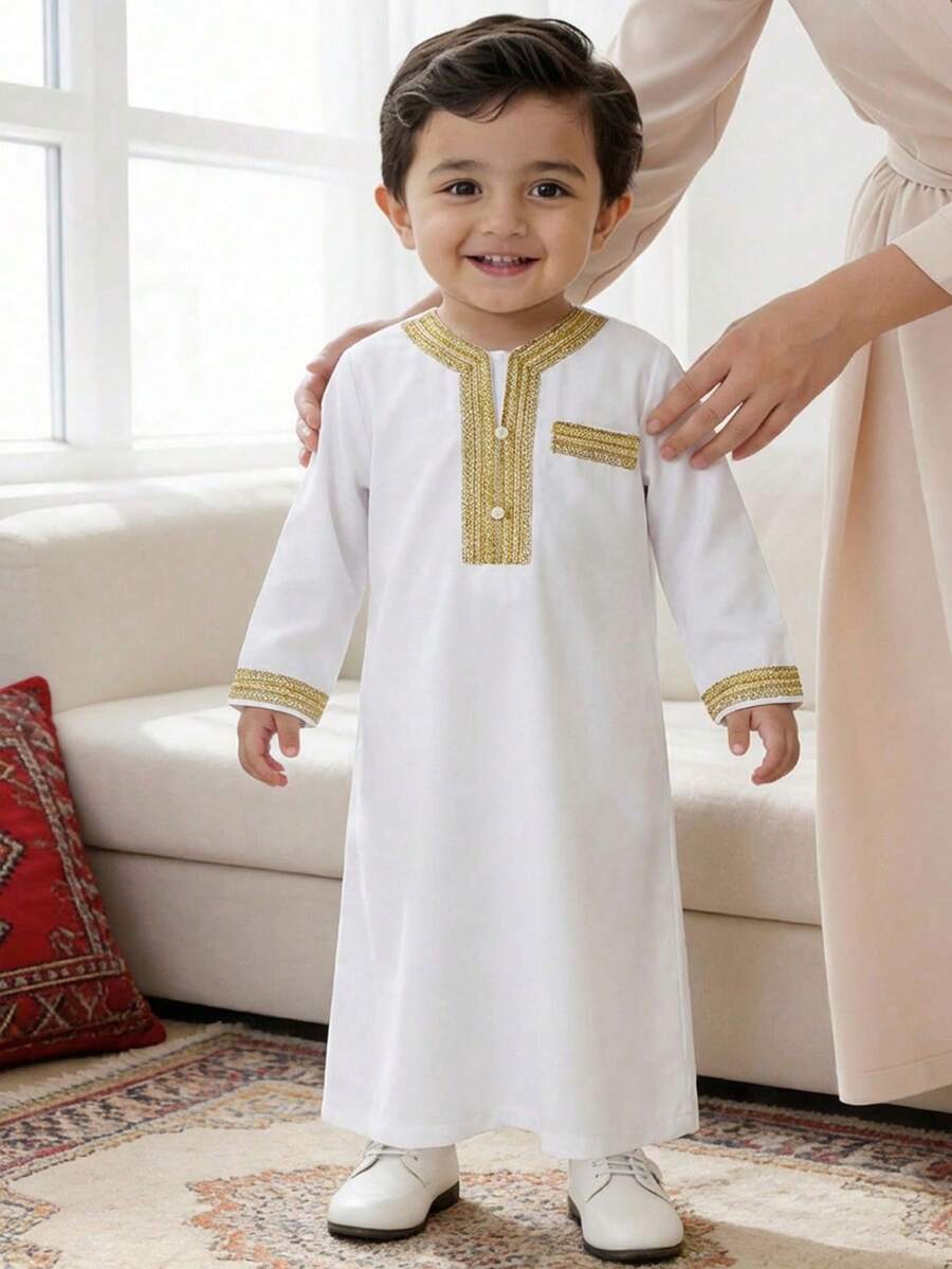 SHEIN 2pcs Young Boy Middle Eastern Casual Solid Color Gold Ribbon Vest Mandarin Collar Half-Open Abaya Set, Suitable For Autumn, Spring, Summer, Suitable For Outdoor Play, School, Street Photography, Parties, Holiday Gatherings, Ramadan Jalabiya, Ramadan - White - View 1