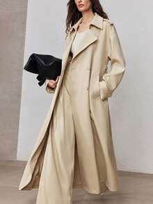 ZEYLAH Women's Solid Color Casual Oversized Trench Coat, Spring - Khaki - View 8