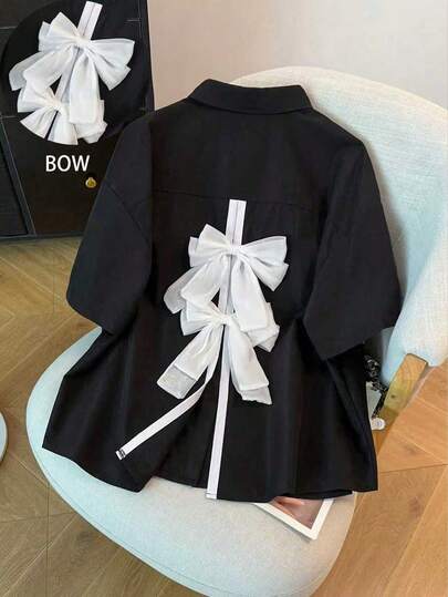 GlowEve CURVE Plus Size Women's Contrast Color Bow Tie Back Slit Design Blouse, Suitable For Commuting, Romantic Dates, Valentine's Day, Parties, Elegant Vacations, Teacher's Day, Weddings And Other Occasions