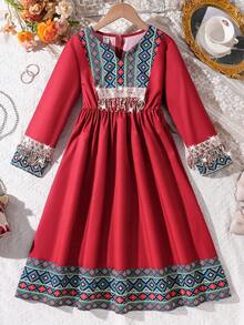 SHEIN Tween Girl Vacation Geometric Pattern Sequin Tassel 3/4 Sleeve Loose Dress - Red - View 3