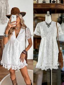 SHEIN LilyWest LanaWest 女士白色蕾丝V领荷叶边A字短袖褶皱腰身性感高腰修身浪漫西部风连衣裙 - 白色 - 查看 1