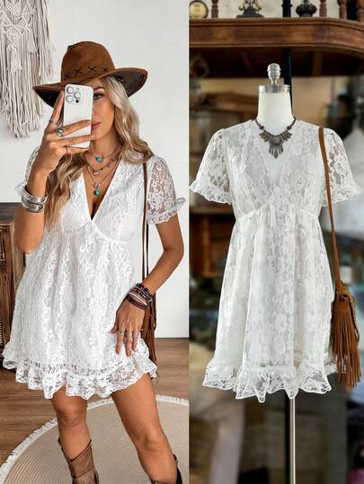 SHEIN LilyWest LanaWest Women's White Lace V-Neck Ruffle Hem A-Line Short Sleeve Pleated Waist Sexy High Waist Slim Romantic Western Style Dress