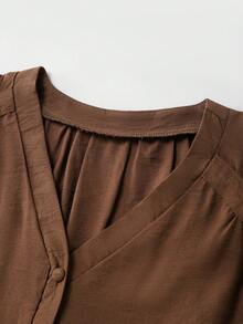SHEIN Franclia V-Neck Ruffle Sleeve Button Tie Waist Women Blouse - Brown - View 3