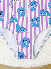 Young Girl Striped Cartoon Print Long Sleeve One-Piece Swimsuit, Summer Beach Vacation - Purple - View 6