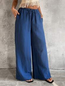 Sunnyshic Women's Drawstring Waist Pockets Wide Leg Loose Casual Versatile Jeans - Blue - View 4