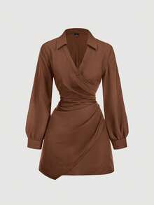 SHEIN MOD Đầm dài tay màu đen dành cho nữ, trang phục công sở cho nữ. - màu nâu - Xem 5