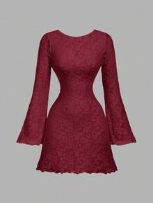 SHEIN MOD Women's Round Neck Flare Sleeve Open Back Tie Design Fashionable Mini Dress - Burgundy - View 2