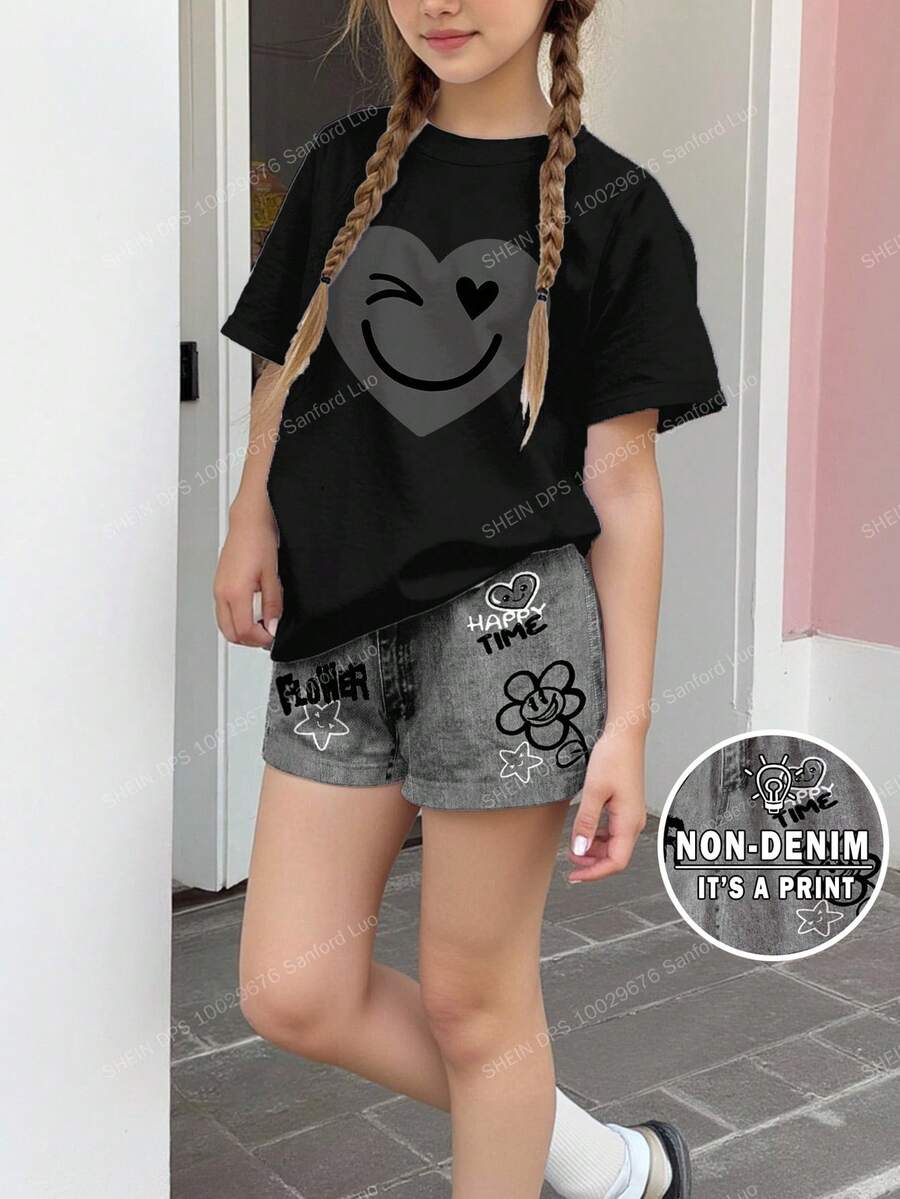 SHEIN Leap Crew 休闲街头时尚心形和脸部涂鸦印花，青少年女孩简约短袖上衣和短裤两件套，适合夏季 - 彩色 - 查看 1