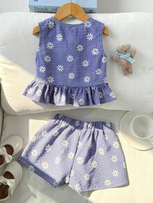 SHEIN 两件套少女休闲背心+裤子套装，时尚日常穿搭 - 藍色 - 查看 2