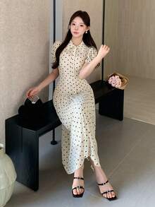 DAZY Women's Elegant Polka Dot Lapel Pleated Long Dress Wedding Guest Dress - Beige - View 8