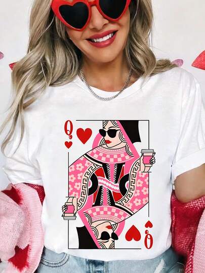 EMERY ROSE Plus Size Women's Playing Card Q Summer Round Neck Short Sleeve Casual T-Shirt Graphic T-Shirt Women's Top