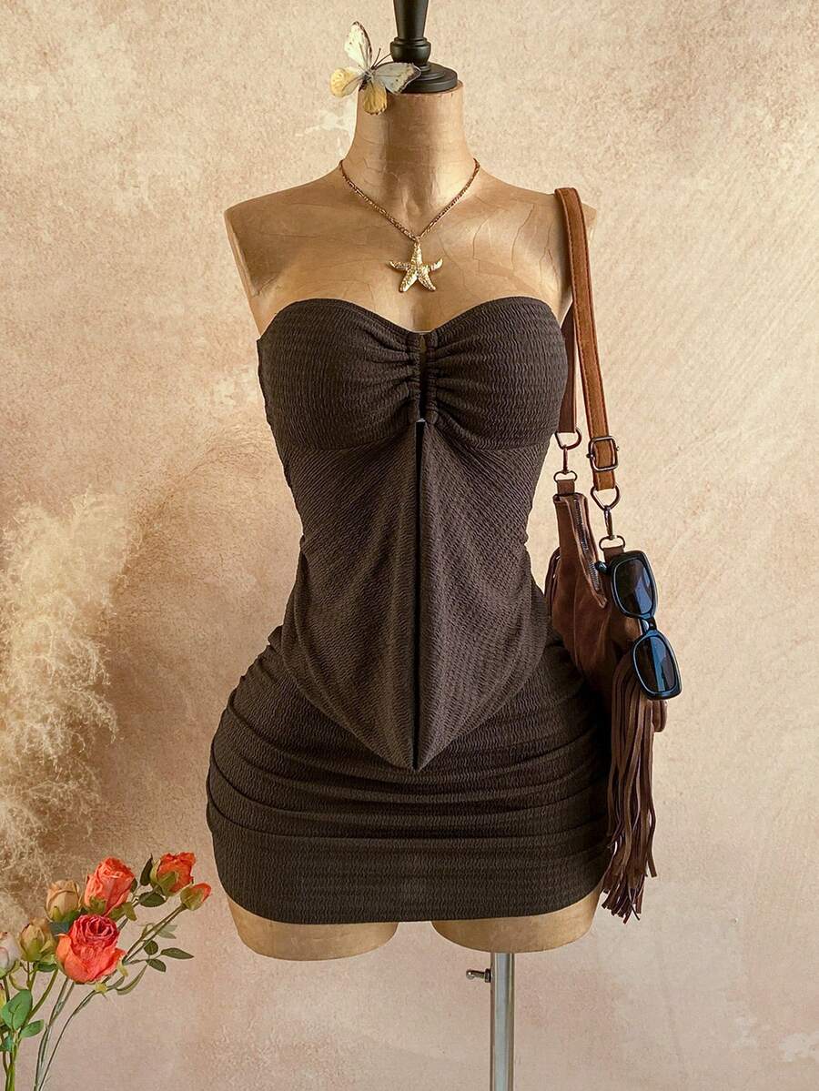 Soleia 女士性感纯色露背抹胸迷你连衣裙，度假款 - 棕色 - 查看 1