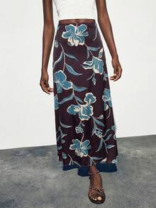 SHEIN Maija Women's Elegant Brown Maxi Skirt With Smooth Plants Pattern Woven Fabric Semi-Sheer Straight Fit - Brown - View 4