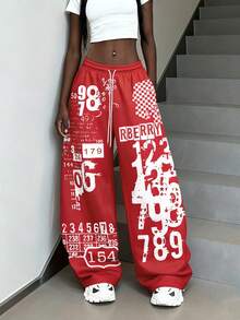 Rovax Women's Casual Street Style Graphic Print Drawstring Pants - Red - View 3