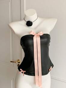 Comfortcana Women's Contrast Color Bow Decor Fitted Camisole Top - Black - View 3