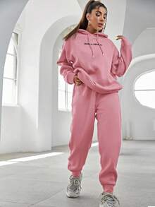 RueChic Cotton Slogan Graphic Drop Shoulder Drawstring Hoodie & Sweatpants - Baby Pink - View 4