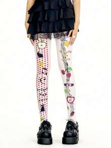 ROMWE Anime 1 双潮清凉甜美凉风音乐符号苹果猫印花长筒袜女式长筒袜连裤袜 - 白色1 - 查看 2