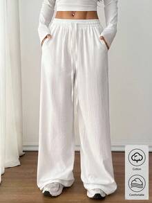 SHEIN PETITE Women's Summer Country Concert Going Out Boho Beach Vacation Outfits Basic Minimalist Washed 100%Cotton White Pants Curved Hem Pants,Fall Women Clothes White Wide Leg Pants Women - White - View 4