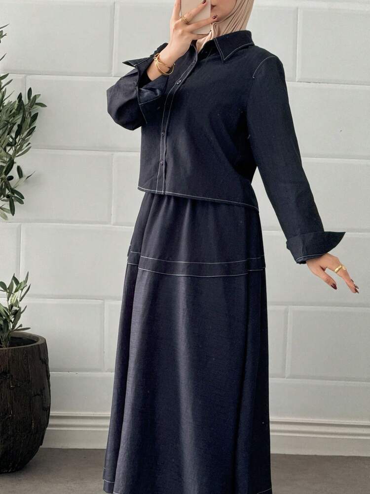 2pcs Women Casual Collared Contrast Trim Top And Skirt Set Lounge Sets For Women