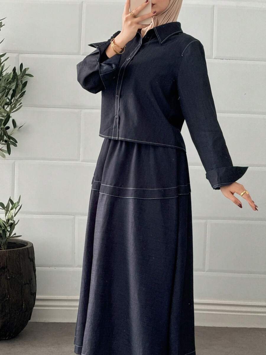 DAZY 2pcs Women Casual Collared Contrast Trim Top And Skirt Set - Navy Blue - View 1