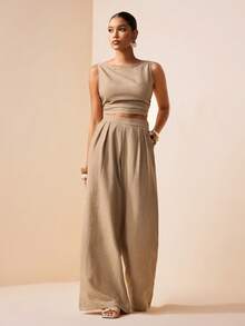Zivah Women's Two Pieces Set,Beige,Summer,Casual,Elegant,Vacation,Holiday Backless Tie-Bow Sleeveless Vest Top And Wide-Leg Trousers Bohemian Beach Outfits - Khaki - View 6