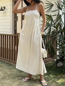 DAZY Figurbetontes Neckholder-Kleid mit offenem Rücken und Bindedetail, elegante Resortmode für Frauen, Frühlings-/Sommer-Kreuzfahrtoutfit für Frauen Maxikleid Sommerkleid - Aprikosenfarben - Übersicht 5