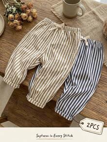 Cozy Pixies 2pcs/Set Young Boy Vacation Striped Decor Elastic Waist Straight Leg Pants, Versatile & Comfortable, Multi-Pack - Multicolor - View 1