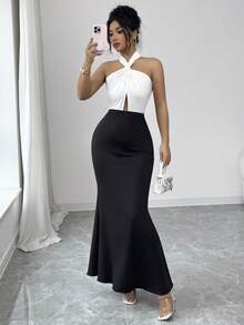 Rafferiza Women's Elegant & Romantic Black & White Color Block Bodycon Maxi Dress, Versatile Styling - Brown - View 3