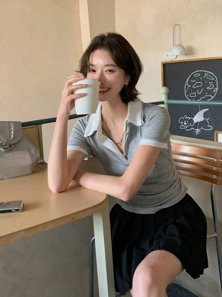 Women's 2 In 1 Design Polo Shirt T-Shirt, Short Sleeve Fitted Elegant Blouse, Summer T-Shirt