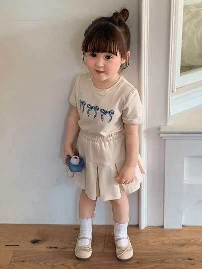 DAZY 2pcs Baby Girls Crew Neck Bow Decor Short Sleeve T-Shirt And Shorts Set