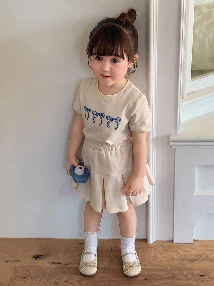 2pcs Baby Girls Crew Neck Bow Decor Short Sleeve T-Shirt And Shorts Set Summer Toddler Girls Clothes